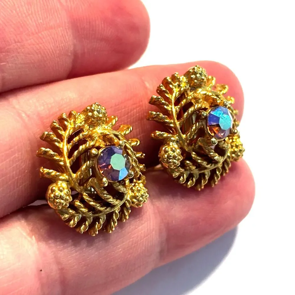 Vintage mid century clip on earrings ornate goldtone & AB center rhinestones